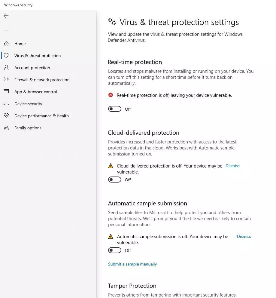 Avvisi durante la disabilitazione di Windows Defender