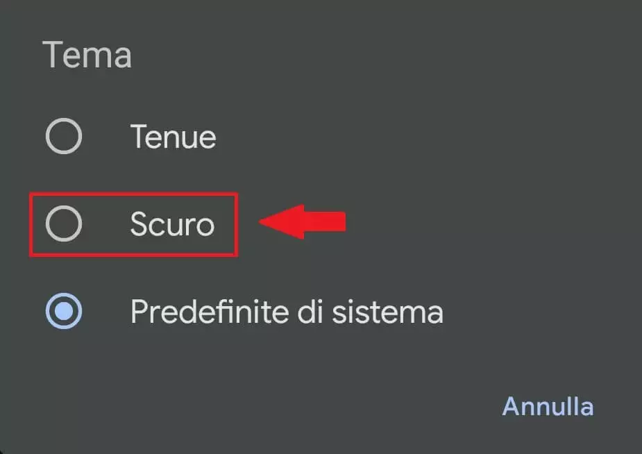 Il menu “Tema” di Gmail con i livelli di luminosità