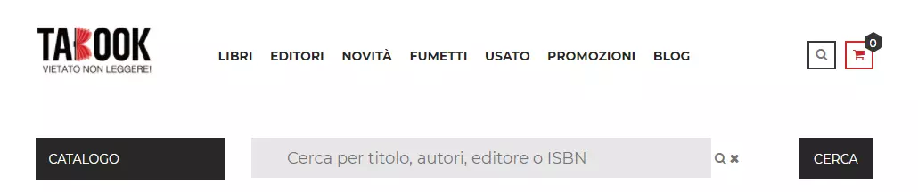 Screenshot della barra di ricerca del sito di Tabook