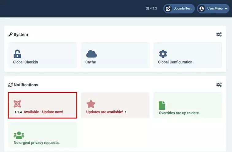 Dashboard di Joomla: nuova versione di Joomla disponibile