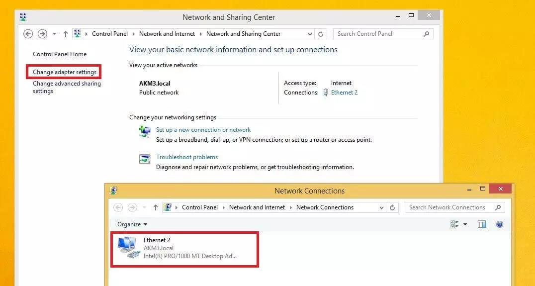 Centro Connessioni di rete e condivisione e le connessioni di rete disponibili su Windows 8