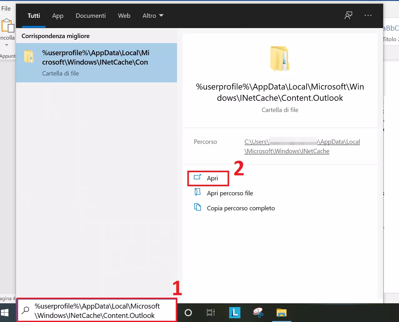 Operazione per aprire la cartella cache di Outlook 