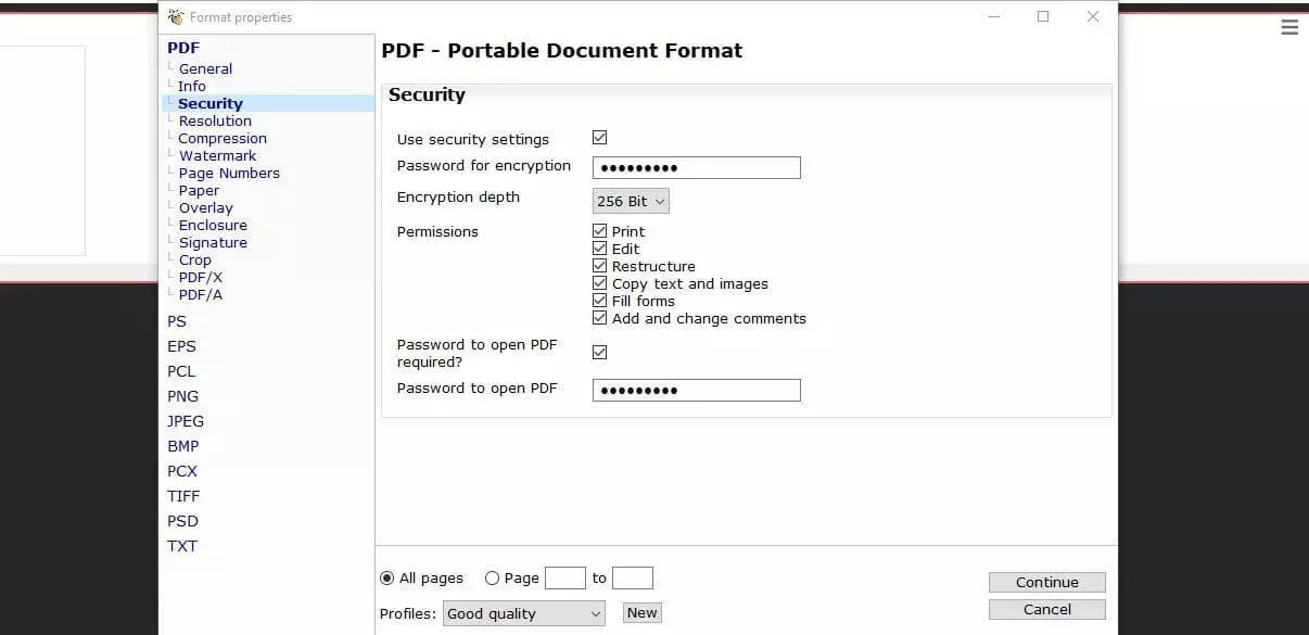 Impostazioni di sicurezza di PDF 24 Creator