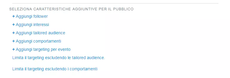 Screenshot delle opzioni aggiuntive relative al pubblico per la configurazione della campagna su Twitter Ads