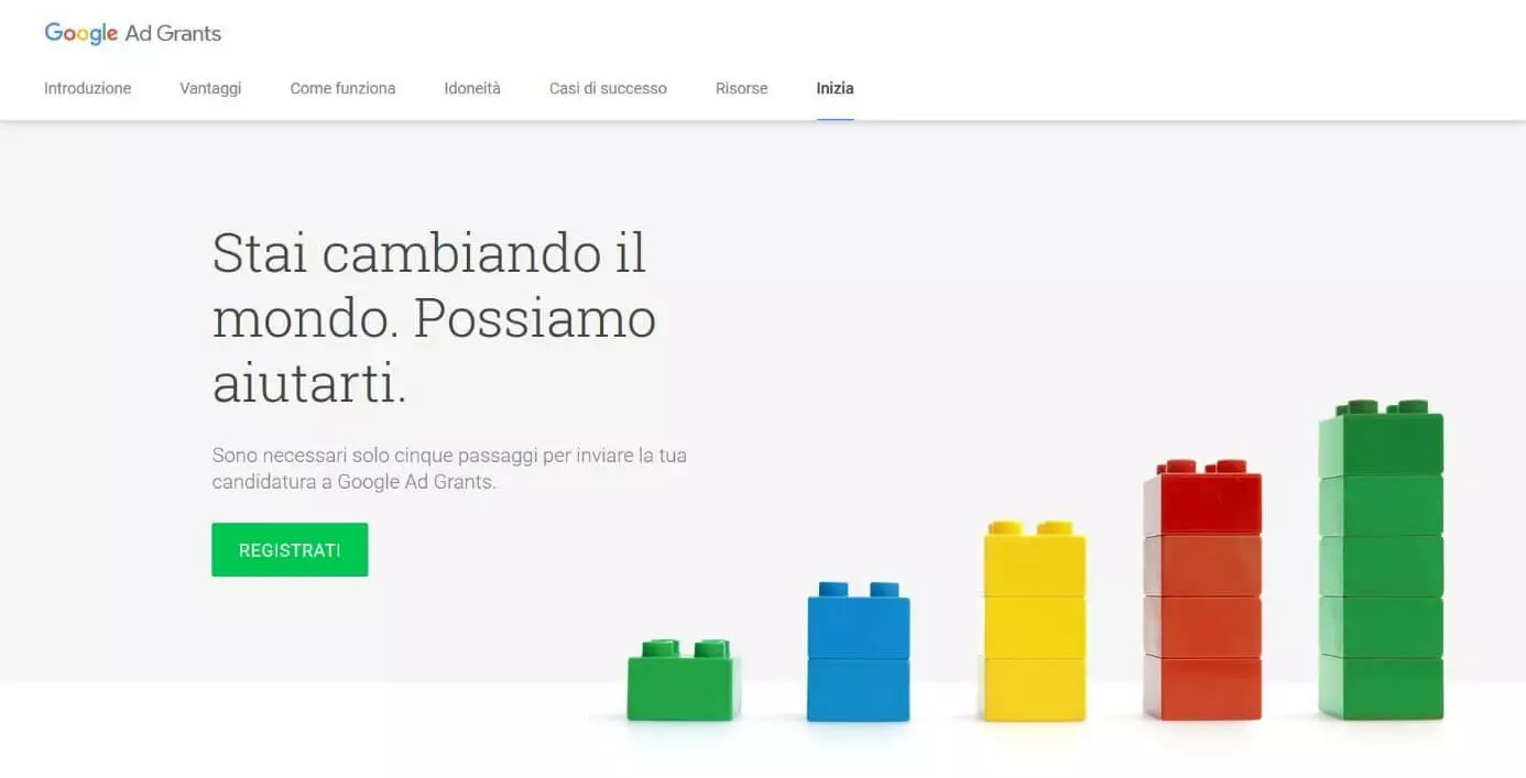 Pagina di registrazione di un account con Google Ad Grants