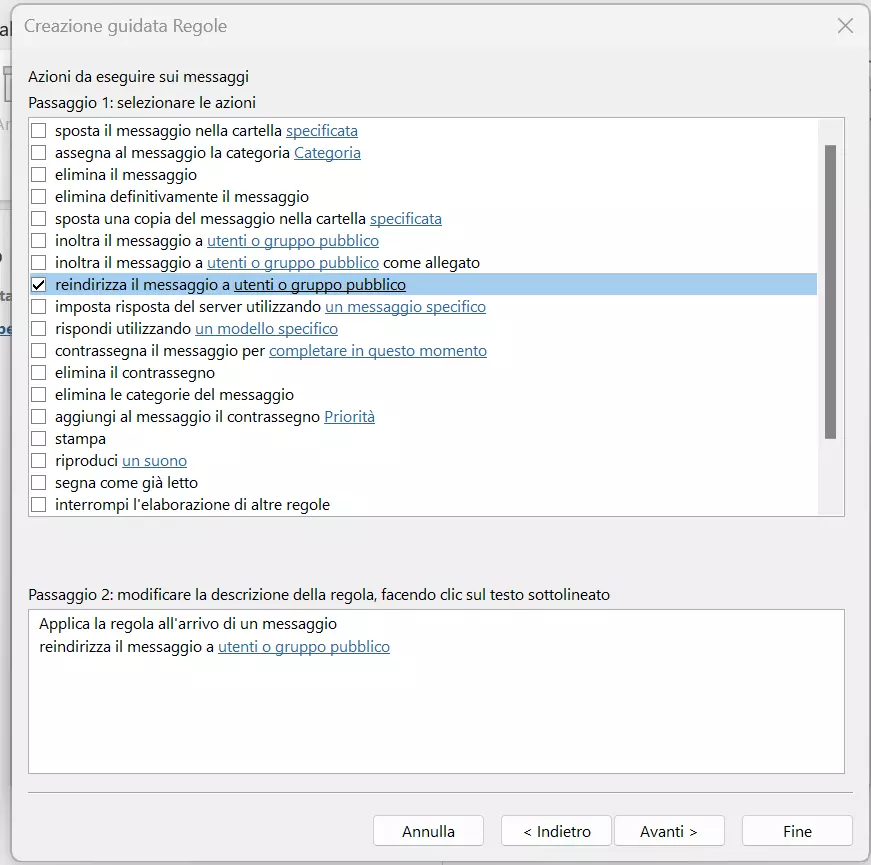 Outlook 365: azioni nella creazione guidata Regole