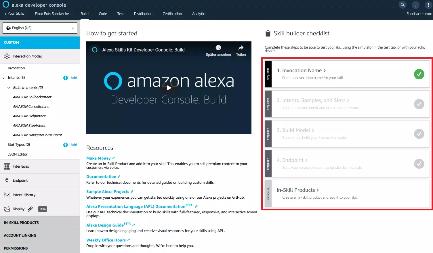 Console sviluppatori di Alexa: pagina di riepilogo nella sezione “Build”