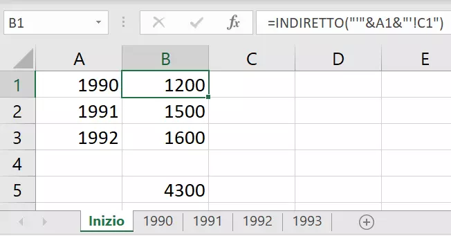 Funzione INDIRETTO di Excel con i valori dei diversi fogli