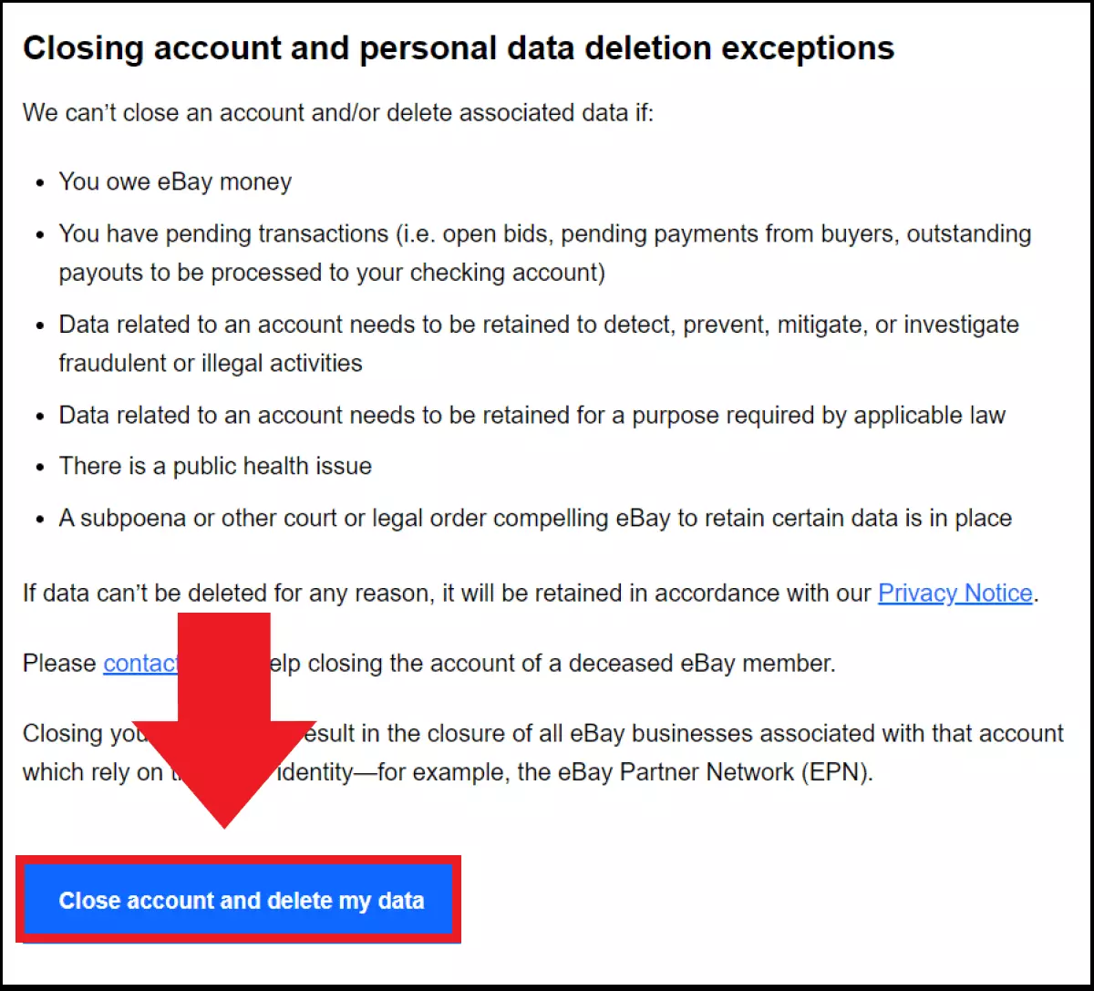Screenshot della pagina di aiuto eBay, argomento “Chiudi l’account”