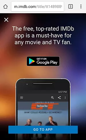 Screenshot di un interstitial su imdb.com con pubblicità per la relativa app