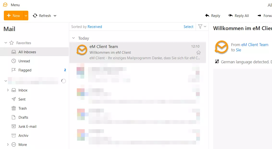 Screenshot dell’interfaccia utente di eM Client