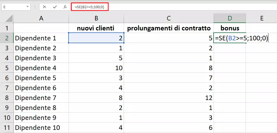 Funzione SE nella tabella Excel