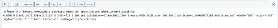 Screenshot del codice di incorporamento di una mappa su WordPress