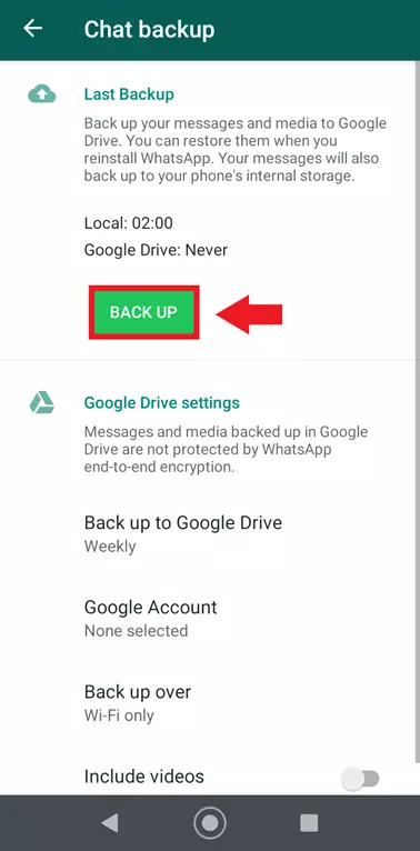 Backup delle chat di WhatsApp con “Esegui backup” per tutte le impostazioni