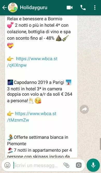 Screenshot della newsletter su WhatsApp di Holidayguru