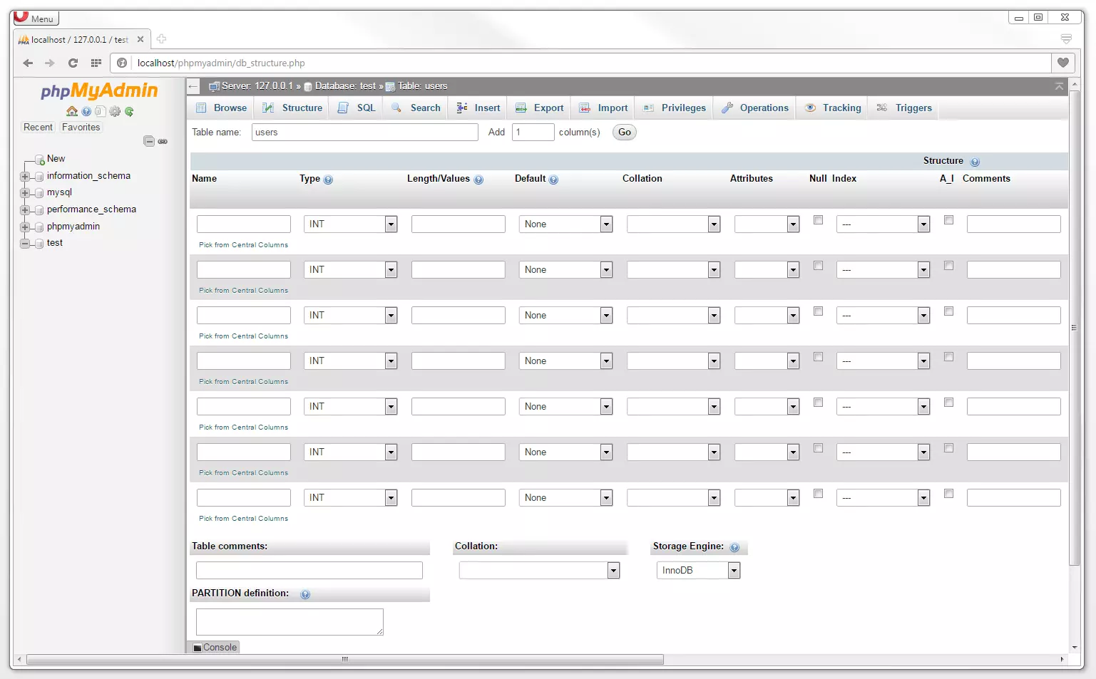 Tabella di esempio users con sette colonne