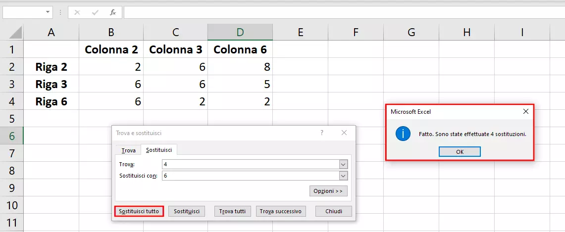 Excel: Trova e Sostituisci. Notifica di modifica avvenuta con successo