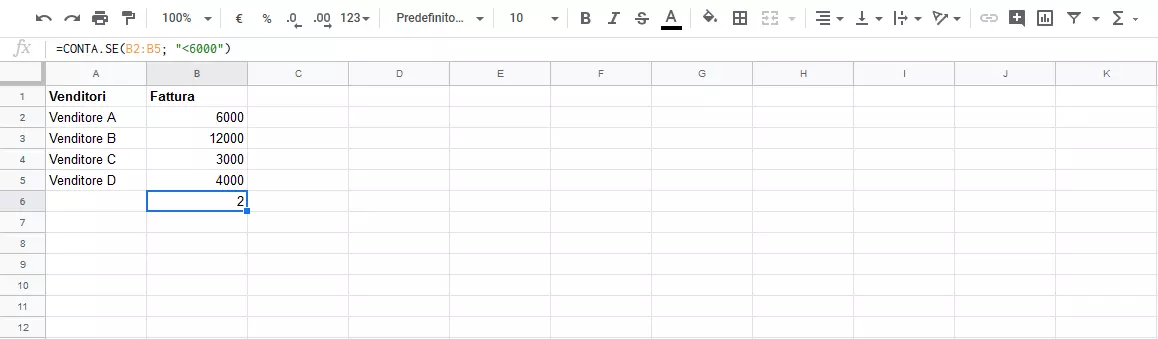 Fogli Google: risultato della funzione CONTA.SE 