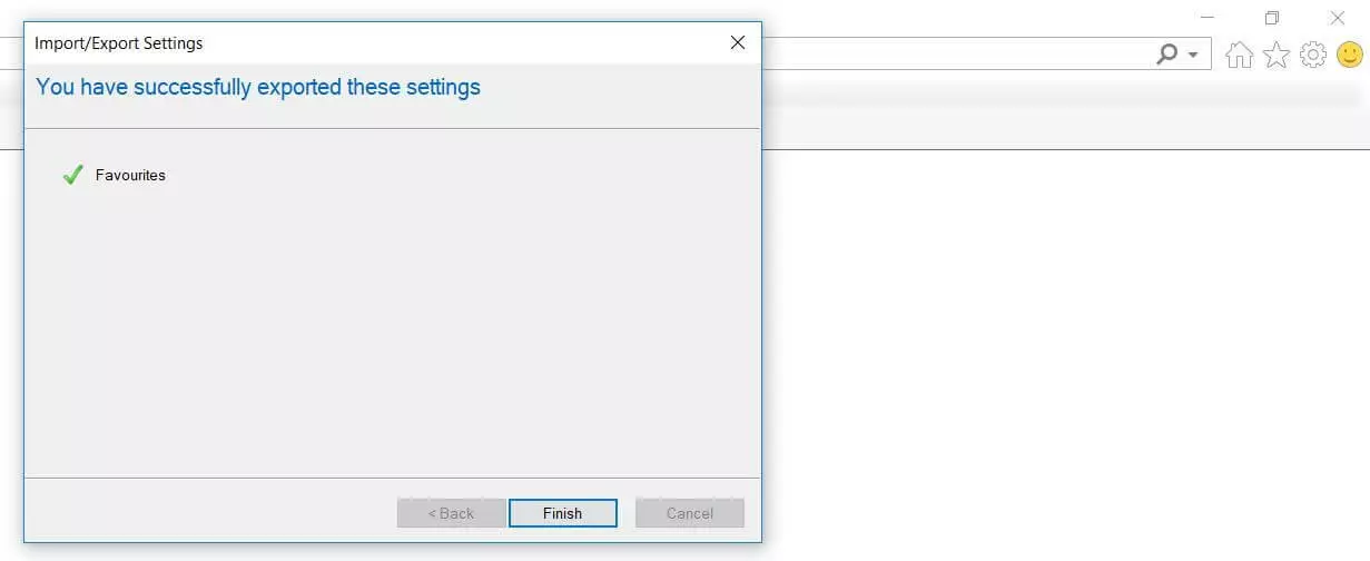 Messaggio di esito positivo dell’esportazione dei preferiti in Internet Explorer