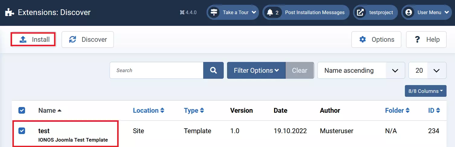 Screenshot del menu “Estensioni” > “Verifica” nel back end di Joomla