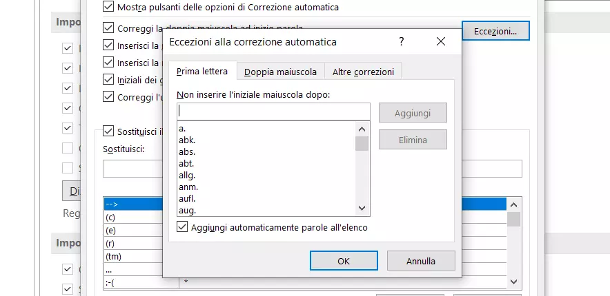 Outlook per Windows: eccezioni per la correzione automatica