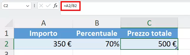 Calcolare il valore totale a partire dalla quota e dal valore percentuale in Excel