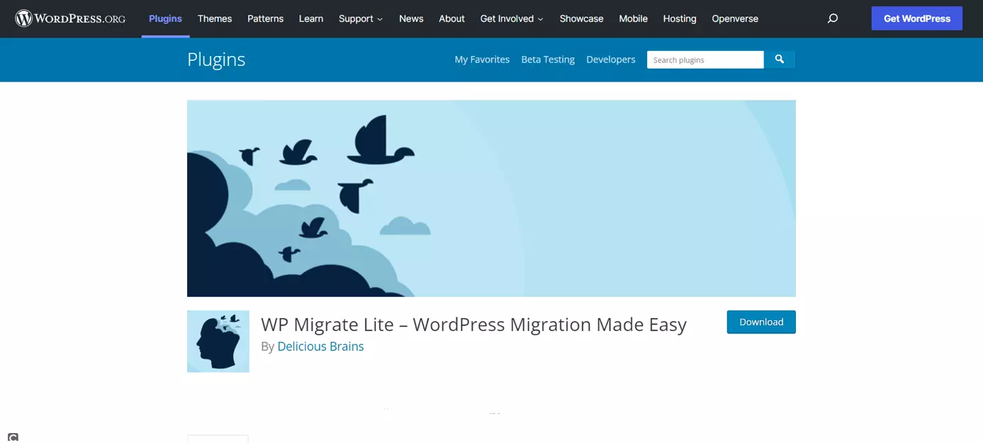 Pagina web del plugin di WordPress WP Migrate Lite