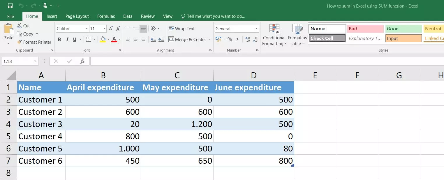 Excel 2016: tabella con insieme di dati di esempio