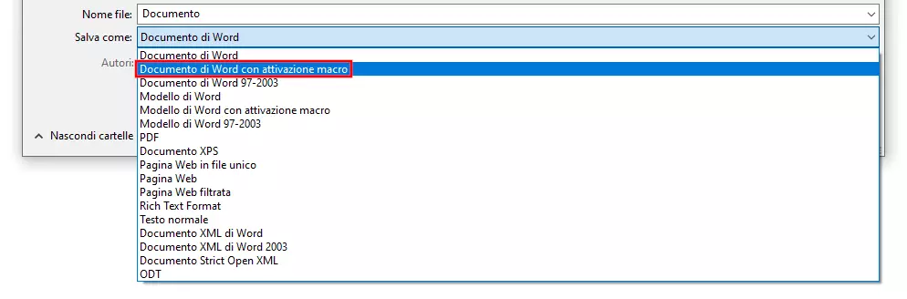 Modifica del tipo di file Word