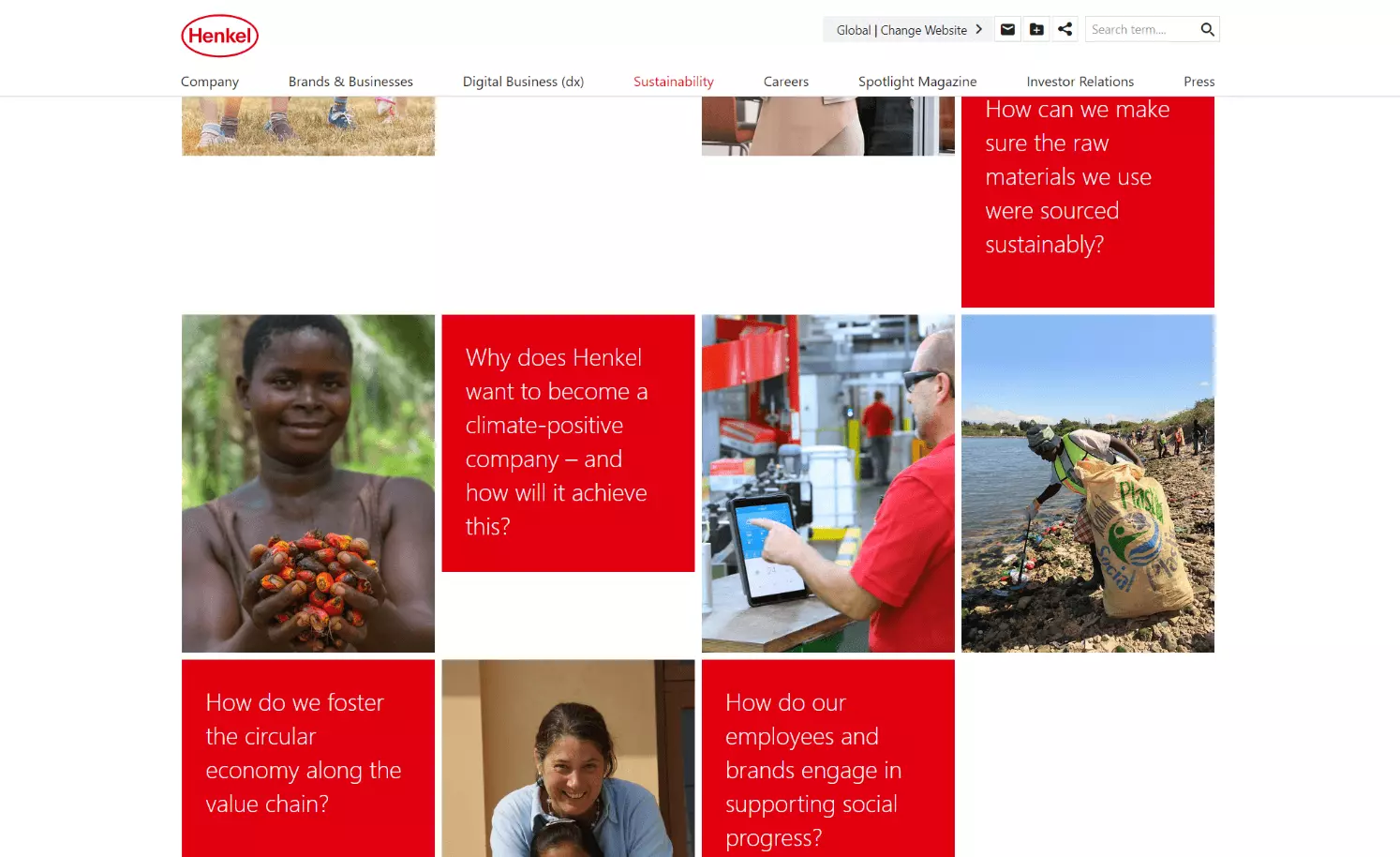 Screenshot del sito di Henkel: sezione “Sostenibilità“