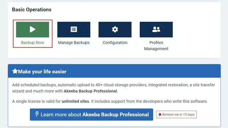 Akeeba Backup: menu nel back end di Joomla