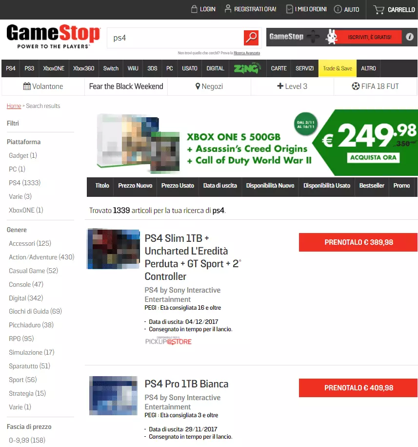 Ricerca del termine “ps4” sullo shop online di Gamestop