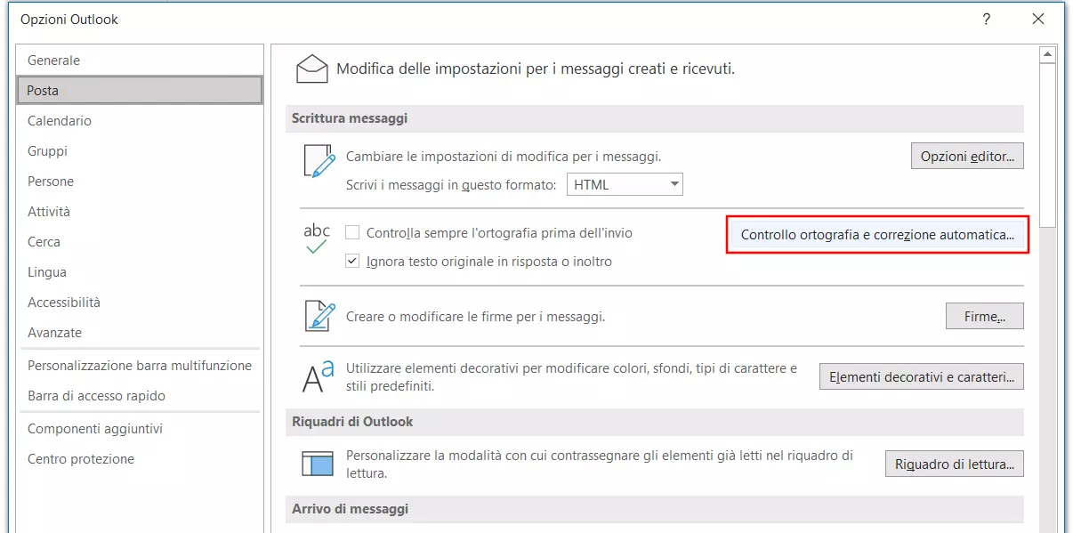 Opzioni di Outlook: “Ortografia e correzione”