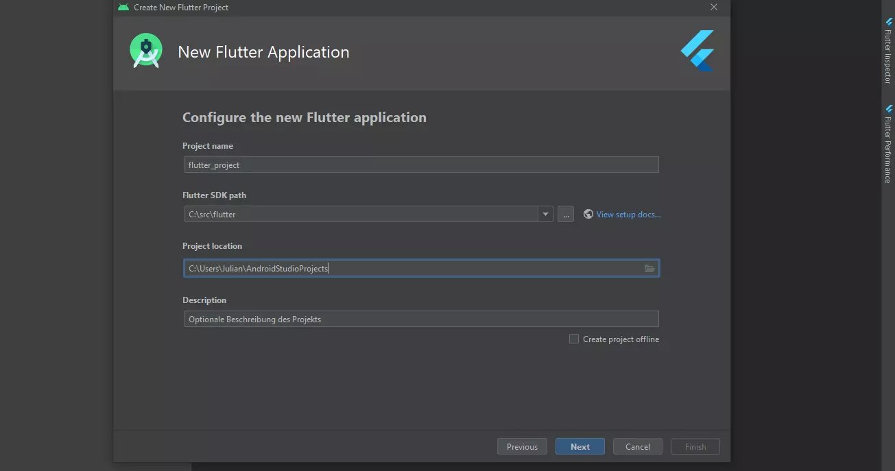 Android Studio: configurazione di una nuova app Flutter