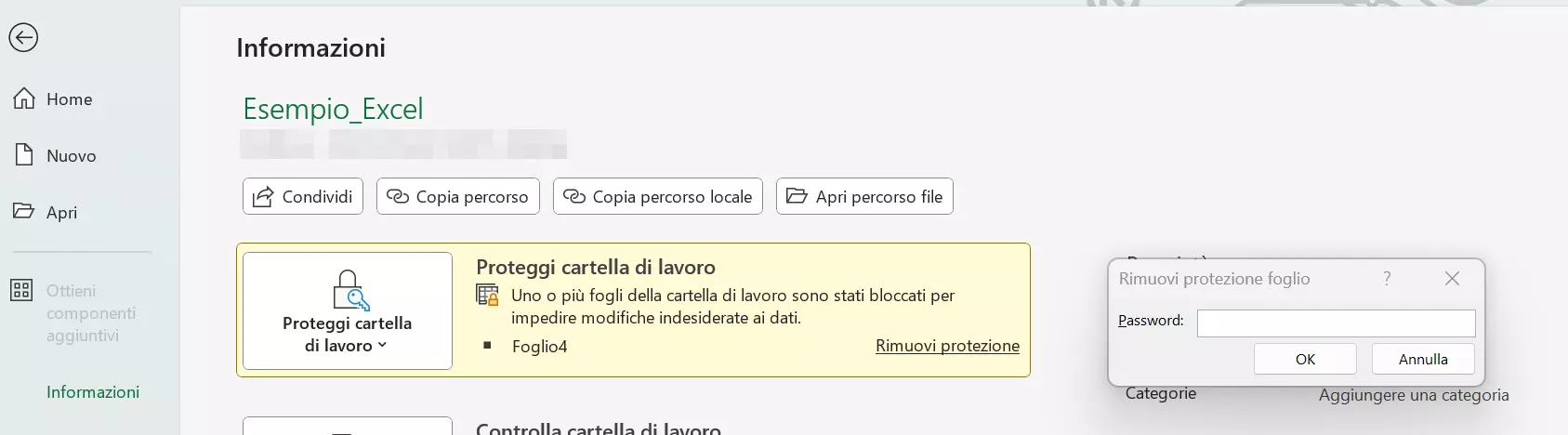 Finestra dove digitare la password per rimuovere la protezione di un foglio Excel