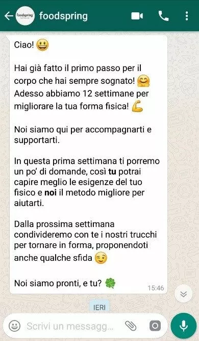 Screenshot della newsletter su WhatsApp di foodspring