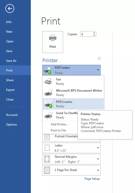 Selezione della stampante tramite PDFCreator