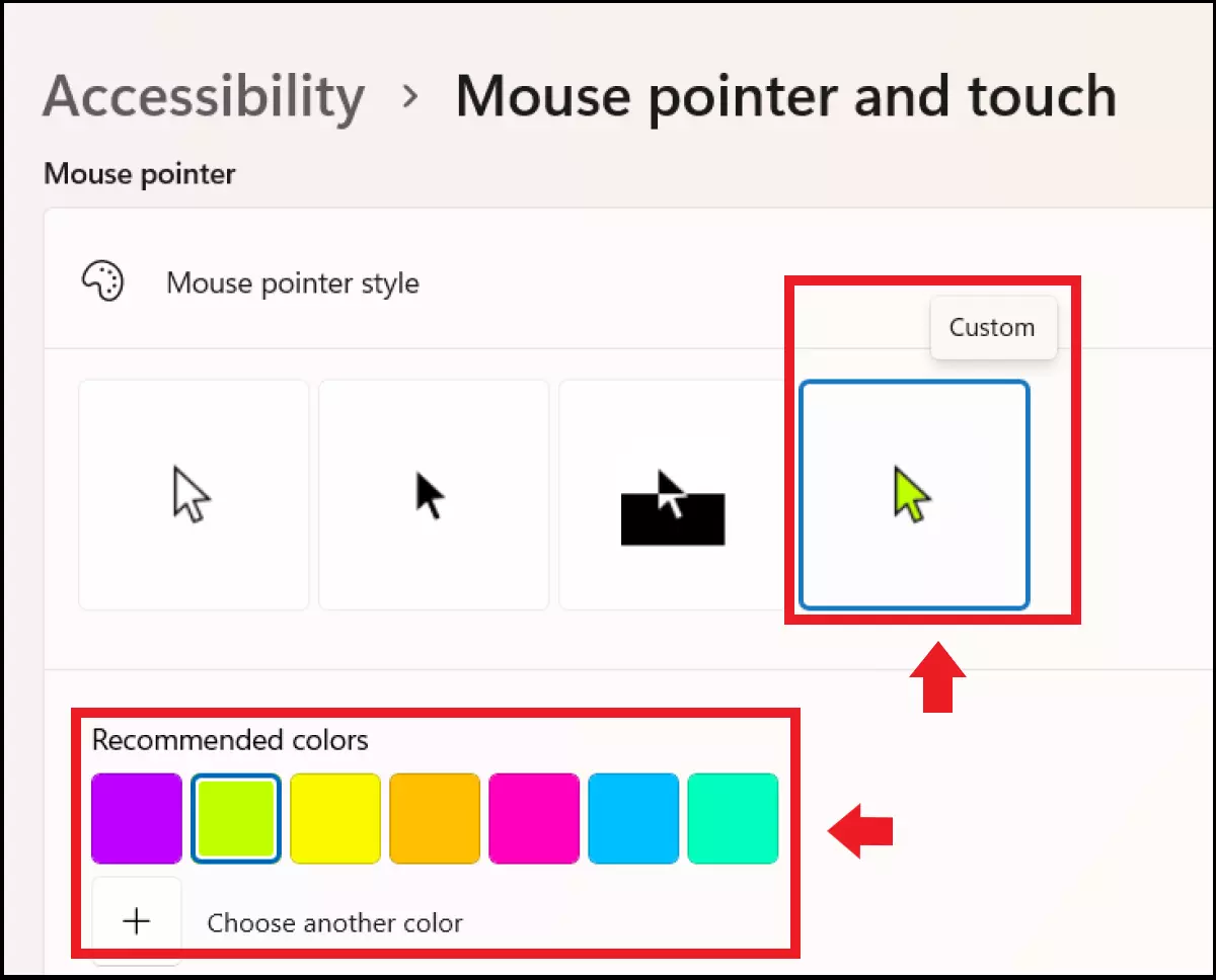 Opzioni di colore per il cursore nel menu “Puntatore del mouse”