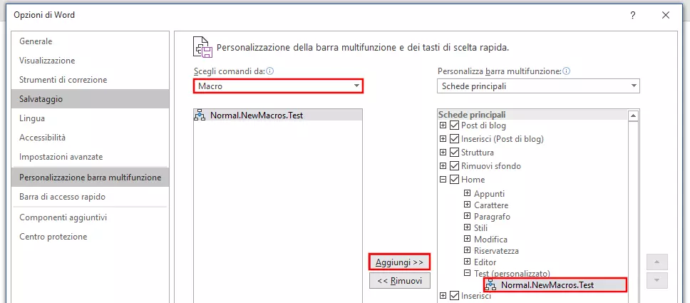 Aggiungere macro di Word nella finestra di configurazione