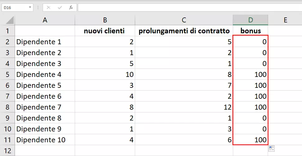 Esempio di tabella Excel con il risultato ottenuto