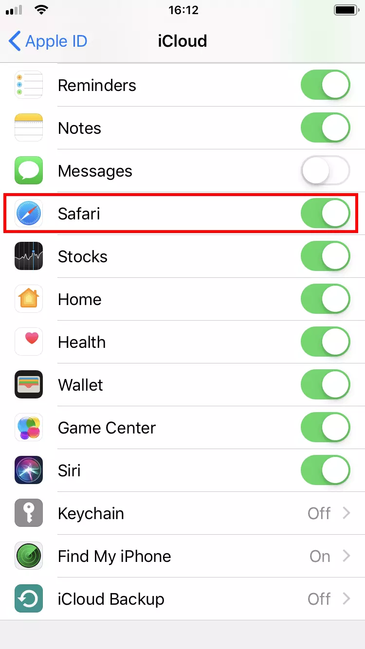 Selezione delle app per la sincronizzazione iCloud