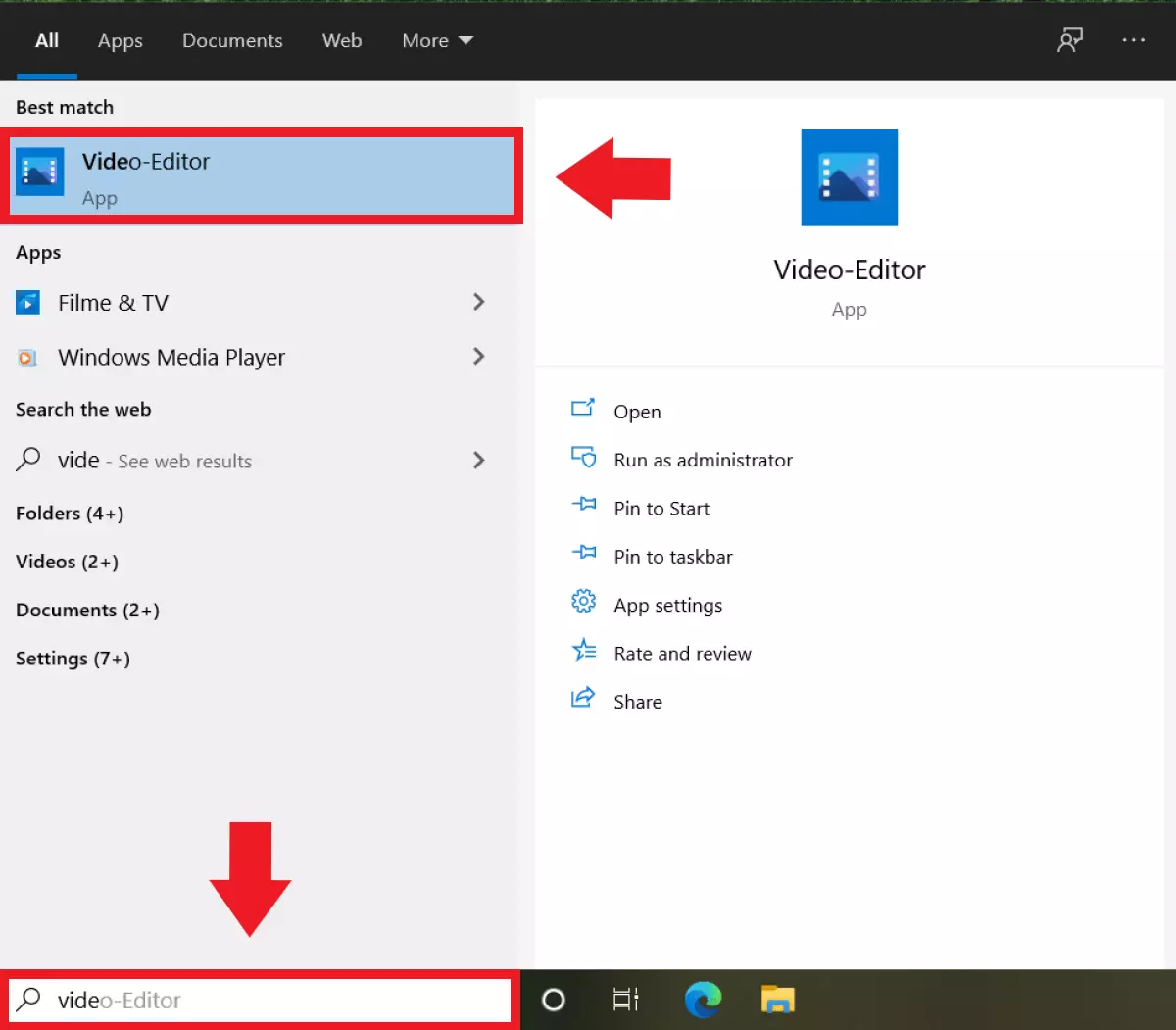 Digitate “Video Editor“ nella barra di ricerca di Windows