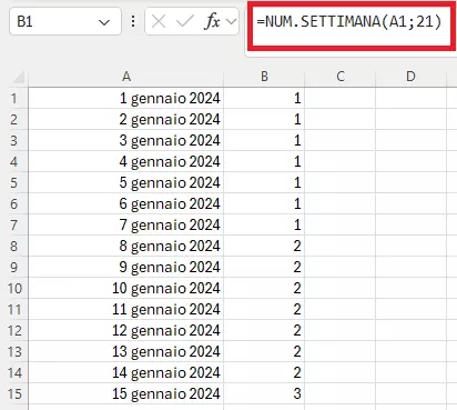 Formula NUM.SETTIMANA in Excel