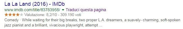 Screenshot di un risultato di ricerca con Google dotato della classificazione con stelle