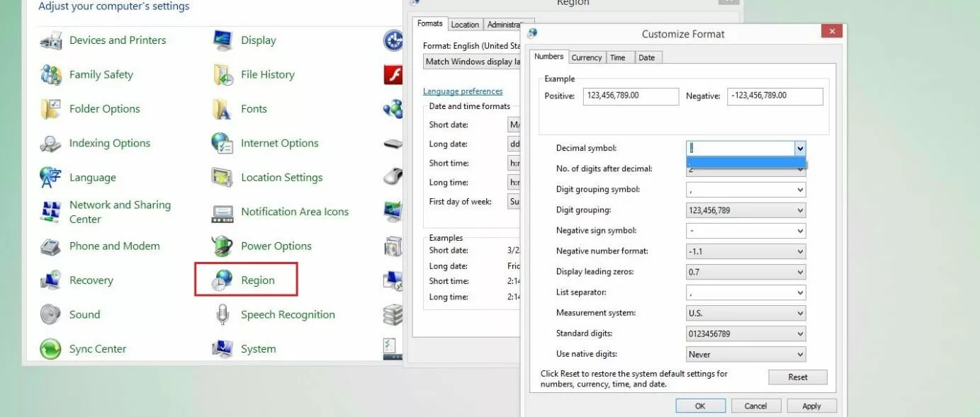 Pannello di controllo di Windows: modifica del formato nel menu "Regione"