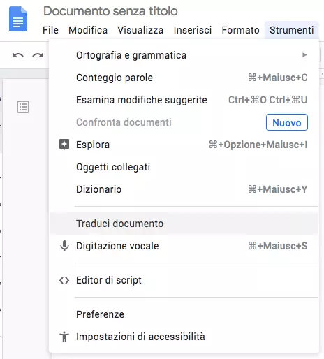 Funzione di traduzione di Google Docs