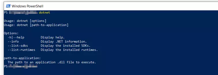 Windows PowerShell: opzioni dotnet