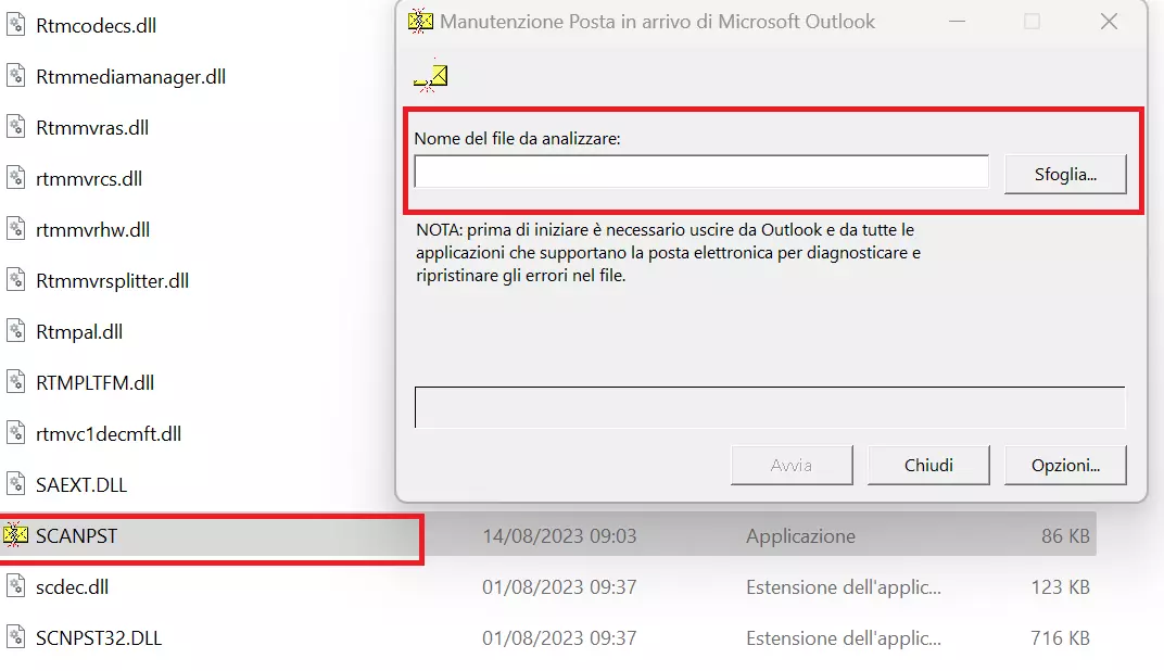 Ripristinare il file PST di Outlook con scanpst.exe