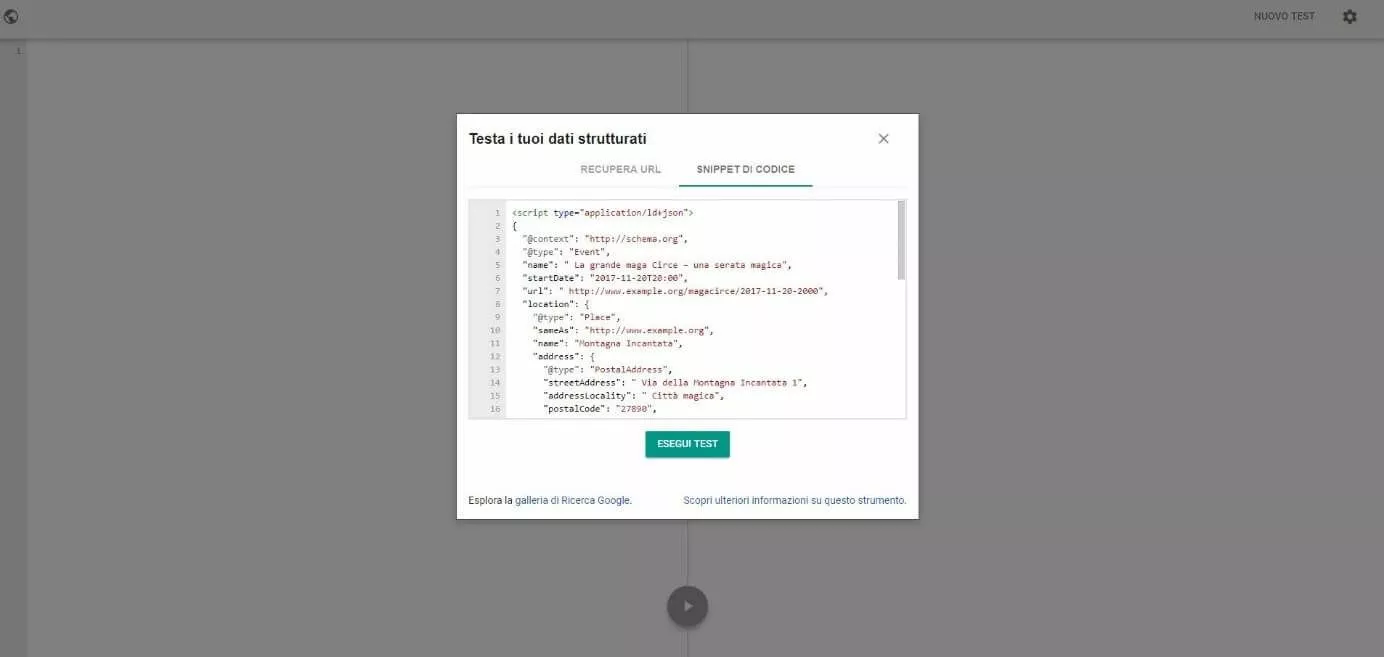 Codice JSON-LD nello strumento di test per i dati strutturati di Google