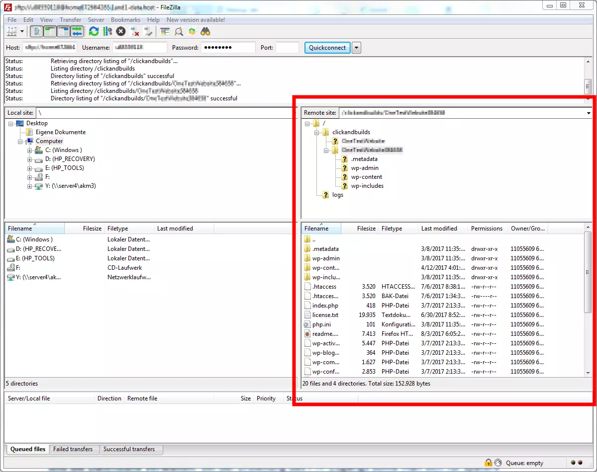 Schermata standard di FileZilla